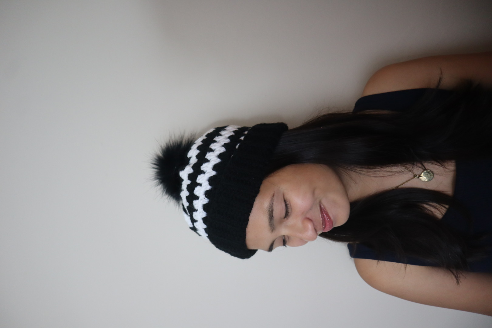 Blue and gray striped crochet hat